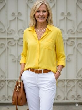VELVET HEART Bright Yellow Button-down Roll Sleeve Women's Tunic Blouse Size L